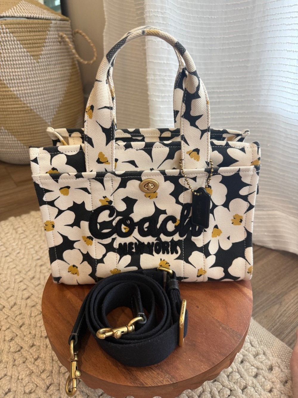 Coach Floral Cargo ToteBlack Floral Canvas Tote 26 with Gold Accents - Picture 7 of 16